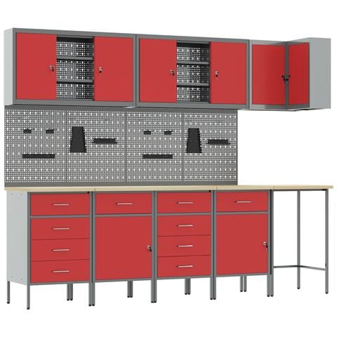Set di Armadietti da Lavoro e Pannello Forato da 12 Pezzi Rosso in MDF e Metallo - Foto 1