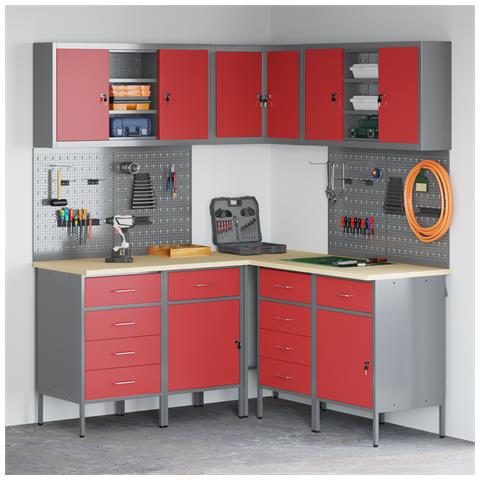 Set di Armadietti da Lavoro e Pannello Forato da 12 Pezzi Rosso in MDF e Metallo - Foto 2