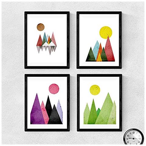 Set Di 4 Stampe Da Telaio, 4 Montagne Geometriche. Toni Viola, Verde Verde .. Fogli Di Stile Nordico. Poster In Stile Scandinavo () Cornice Nera A4 - Foto 1