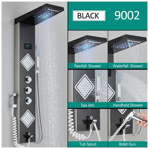 Pannello doccia Blackswan, modello M9002 nero con LED, display digitale, bocca di erogazione, doccetta bidet e funzioni SPA, dimensioni 116 cm - Foto 2