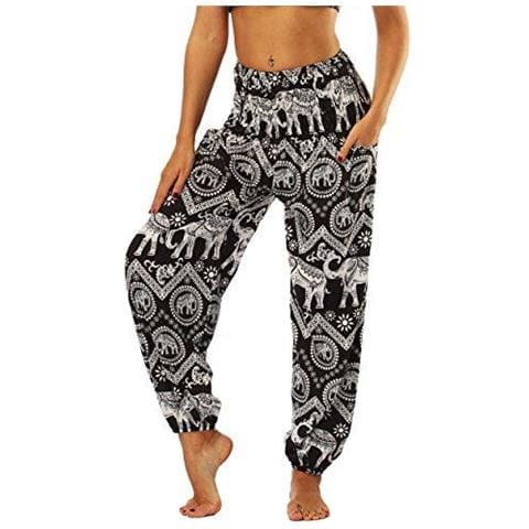 Pantaloni Baggy Hippie Thailandesi Per Le Donne Boho Vintage Patterned Elastico Vita Alta Nero Elefante Stampa Comodi Harem Pantaloni Yoga Summer Beach Party (dimensioni One Size) - Foto 1