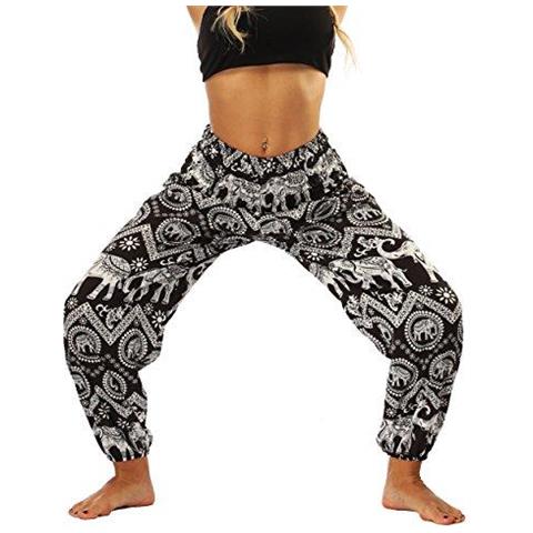Pantaloni Baggy Hippie Thailandesi Per Le Donne Boho Vintage Patterned Elastico Vita Alta Nero Elefante Stampa Comodi Harem Pantaloni Yoga Summer Beach Party (dimensioni One Size) - Foto 2