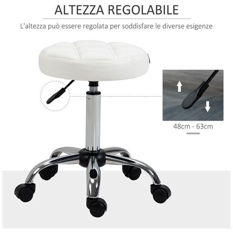 Sgabello Girevole Rotondo Con Ruote, Altezza Regolabile E Rivestimento In Finta Pelle, Bianco - Foto 2