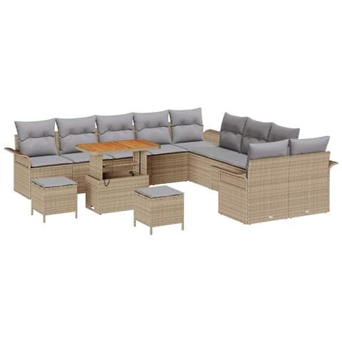 Set di 13 Pezzi Divano da Giardino con Cuscini Beige Polietilene Rattan Acacia,  Divano da Giardino 2 posti con Ripostiglio e Cuscini Beige Polietilene Rattan,  Set da Pranzo Divano 3 Pezzi con Cuscini Beige Polietilene Rattan Acacia - Foto 1