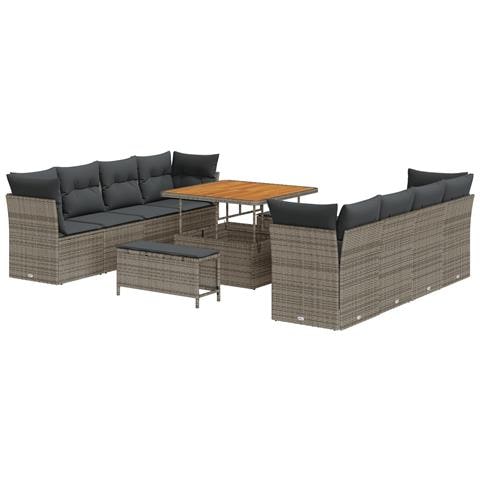 Set divano da giardino 11 pezzi con cuscini grigio rattan acacia, Set da pranzo da giardino 3 pezzi con cuscini grigio rattan acacia - Foto 1