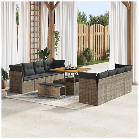 Set divano da giardino 11 pezzi con cuscini grigio rattan acacia, Set da pranzo da giardino 3 pezzi con cuscini grigio rattan acacia - Foto 2