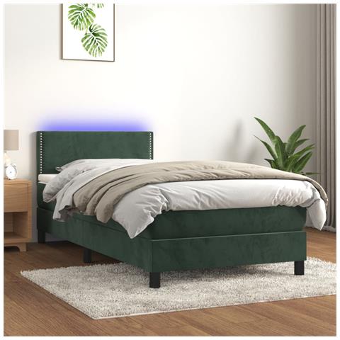Letto a Molle con Materasso e LED Verde Scuro 90x190 cm Velluto - Foto 2