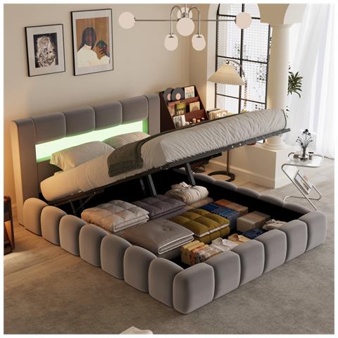 Omaha Letto A Nuvola Led Con Cassettiera 180x200cm In Velluto Grigio Con Testiera E Rete - Foto 2