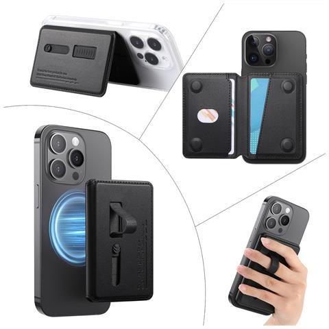 Portacarte Magnetico In Pelle Pu Compatibile Con Magsafe - Portafoglio Sottile Con Cinturino Da Dito Black - Foto 7