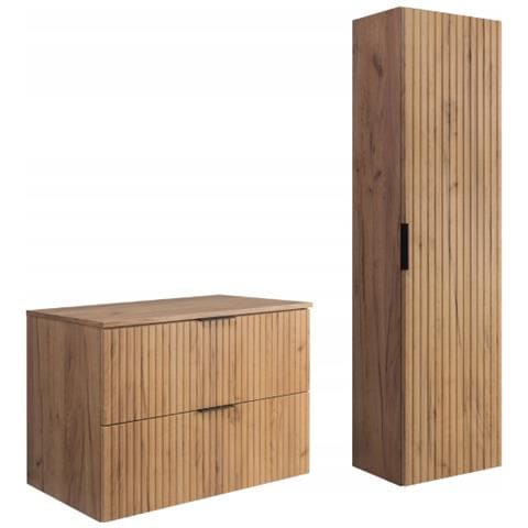 | Set di mobili da bagno - Marron Mat - Chêne Craft | 80/57/46 cm & 35/136/27 cm | Mobile sottolavabo, mobile da bagno, armadio alto, mobile da bagno - Foto 1