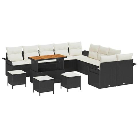 Set di 14 pezzi di divano da giardino con cuscini neri Polyrattan Acacia, Divano da giardino con cuscini neri Polyrattan per due persone, Set da pranzo da giardino di 4 pezzi con cuscini neri Polyrattan Acacia - Foto 1