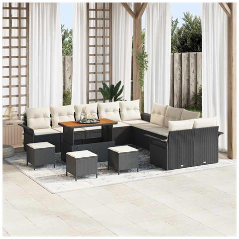 Set di 14 pezzi di divano da giardino con cuscini neri Polyrattan Acacia, Divano da giardino con cuscini neri Polyrattan per due persone, Set da pranzo da giardino di 4 pezzi con cuscini neri Polyrattan Acacia - Foto 2