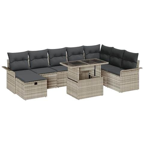 Set di divani da giardino composto da 9 pezzi con cuscini grigio chiaro in rattan sintetico - Foto 1