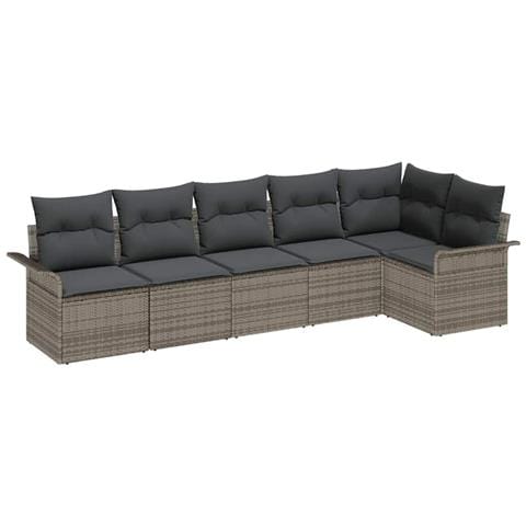 Set di divano da giardino 6 pezzi con cuscini grigi in polyrattan, Divano da giardino per 2 persone con ripostiglio e cuscini grigi in polyrattan - Foto 1