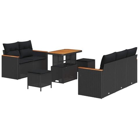 Set Divano da Giardino 8 Pezzi con Cuscini Nero Polyrattan Acacia, Set da Pranzo da Giardino 3 Pezzi con Cuscini Nero Polyrattan Acacia - Foto 1