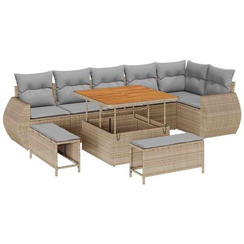 Set Divano Giardino 9 Pezzi Cuscini Beige Polyrattan Acacia, Set pranzo Giardino 3 Pezzi Cuscini Beige Polyrattan Acacia - Foto 1