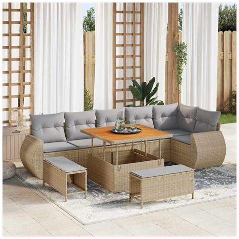 Set Divano Giardino 9 Pezzi Cuscini Beige Polyrattan Acacia, Set pranzo Giardino 3 Pezzi Cuscini Beige Polyrattan Acacia - Foto 2