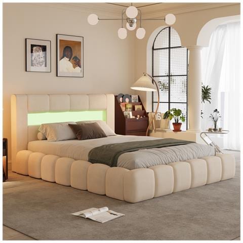 Omaha Letto Nuvola Led Con Cassettiera 180x200cm In Velluto Beige Con Testiera E Rete - Foto 1