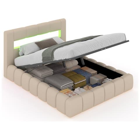 Omaha Letto Nuvola Led Con Cassettiera 180x200cm In Velluto Beige Con Testiera E Rete - Foto 2