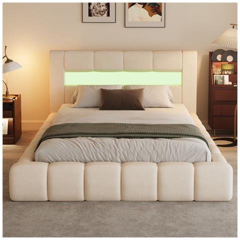 Omaha Letto Nuvola Led Con Cassettiera 180x200cm In Velluto Beige Con Testiera E Rete - Foto 5