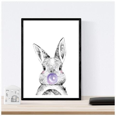 Set Di 6 Stampe Animali Bambini Con Gomma Da Masticare Maiali Elefante Coniglio Zorro Gufo Cane A3 Cornice Nera - Foto 2