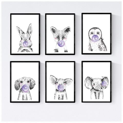 Set Di 6 Stampe Animali Bambini Con Gomma Da Masticare Maiali Elefante Coniglio Zorro Gufo Cane A3 Cornice Nera - Foto 1