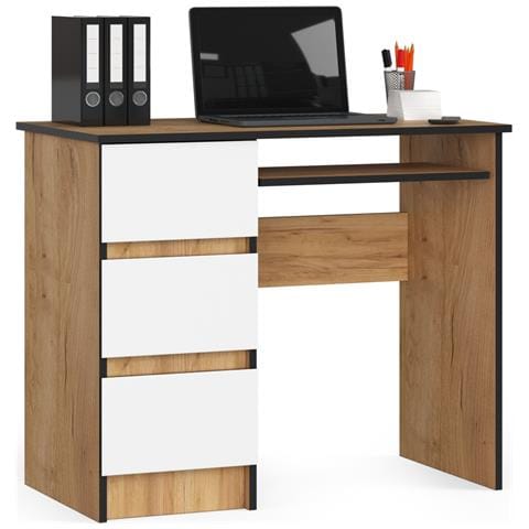 Scrivania per computer A6 sinistro, 3 cassetti, 90x50x77 cm, Colore Quarcia Craft e Bianco - Foto 1
