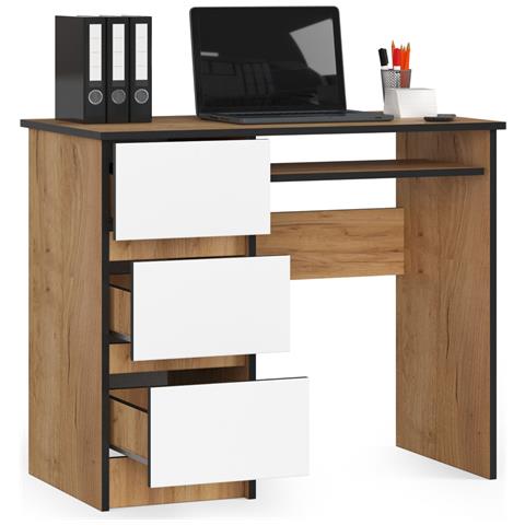 Scrivania per computer A6 sinistro, 3 cassetti, 90x50x77 cm, Colore Quarcia Craft e Bianco - Foto 2