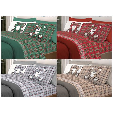 Completo Lenzuola Linea Pensieri Delicati 100% Cotone Disegno Orsetto Tartan Matrimoniale Verde - Foto 2