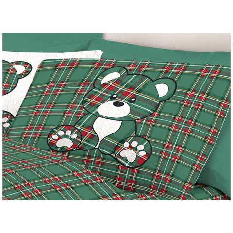 Completo Lenzuola Linea Pensieri Delicati 100% Cotone Disegno Orsetto Tartan Matrimoniale Verde - Foto 5