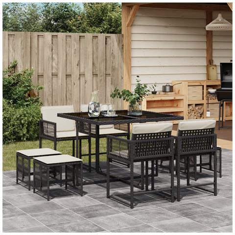 Set da Pranzo da Giardino 9 pz con Cuscini Nero in Polyrattan - Foto 2
