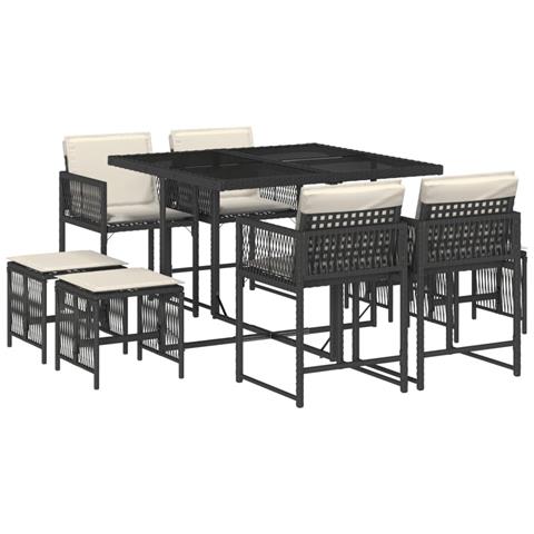Set da Pranzo da Giardino 9 pz con Cuscini Nero in Polyrattan - Foto 1