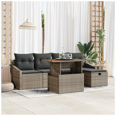 Set di divano da giardino 6 pezzi con cuscini Grigio Polirattan - Foto 2