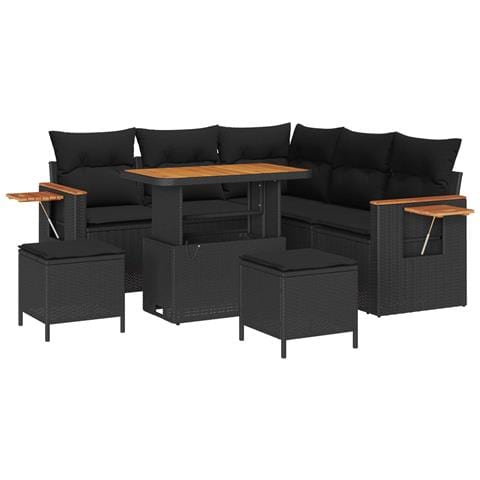 Set Divano da Giardino 8 Pezzi con Cuscini Nero Polyrattan Acacia, Set da Pranzo da Giardino 3 Pezzi con Cuscini Nero Polyrattan Acacia - Foto 1