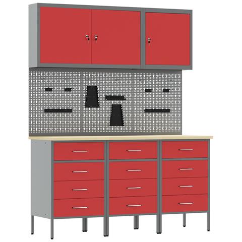 Set di armadietti da lavoro e pannello a punte - 8 pezzi rossi in MDF e metallo - Foto 1