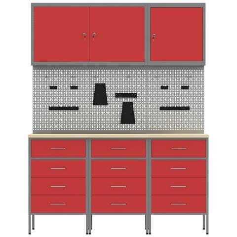 Set di armadietti da lavoro e pannello a punte - 8 pezzi rossi in MDF e metallo - Foto 9