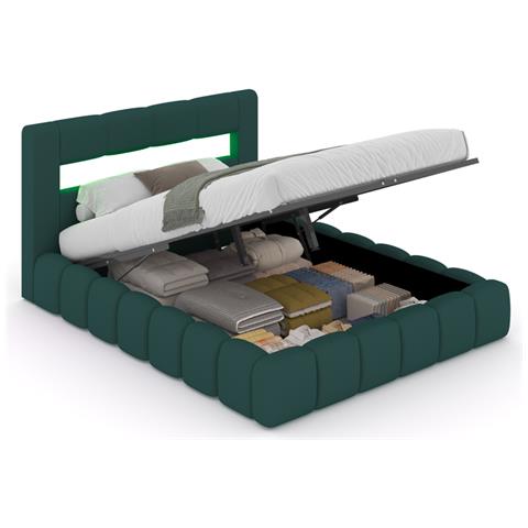 Omaha Letto Nuvola Led Con Cassettiera 180x200cm In Velluto Verde Con Testiera E Rete - Foto 2