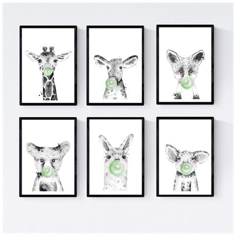 Set Di 6 Stampe Animali Bambini Con Gomma Da Masticare Giraffa Maiale Mucca Zorro Orso Fiamma A4 Cornice Nera - Foto 1