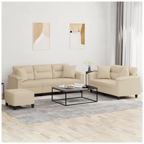 Set Divani 3 pz con Cuscini Crema in Tessuto Microfibra - Foto 2