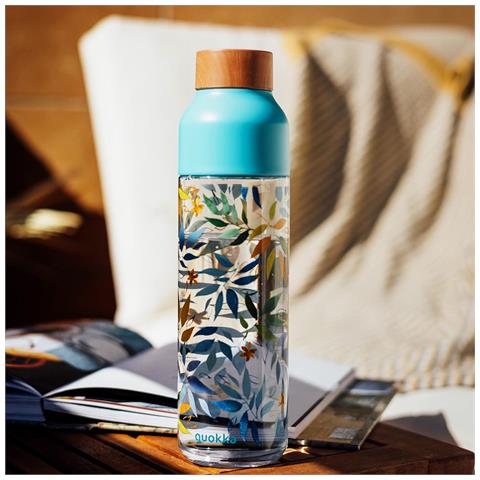 Bottiglia D'acqua Ice 840ml Con Tappo In Legno E Motivo Foglie Ad Acquerello, Turchese - Foto 4