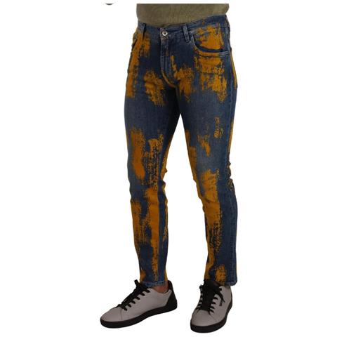 Jeans Denim Da Uomo Skinny In Cotone Tinto Giallo Blu - It48 - M - Foto 4