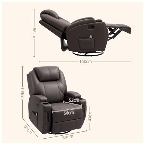 Poltrona Massaggiante Reclinabile con 8 Punti Massaggio e 5 Modalità, 84x92x109cm, Marrone Scuro - Foto 5