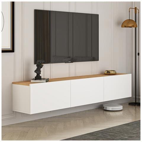 Hal Porta Tv Sospeso Con Armadi 150 Cm Bianco E Effetto Legno - Foto 2