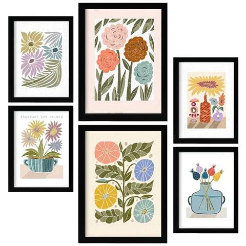 Set Di 6 Stampe Stampa Fiori Nella Collezione Stampe Stile Etnico Cornici Decorative Per La Tua Casa Stampa Artistica Da Parete A3 & A4 Cornice Nera - Foto 1