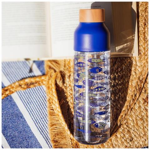 Bottiglia D'acqua Riutilizzabile Ice 840ml Tappo In Legno E Motivo Pesci Stilizzati, Blu - Foto 2