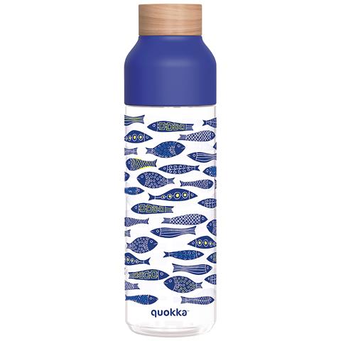 Bottiglia D'acqua Riutilizzabile Ice 840ml Tappo In Legno E Motivo Pesci Stilizzati, Blu - Foto 1