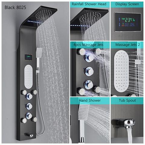 Pannello doccia Blackswan, modello M8025 nero con LED, display digitale, bocca di erogazione e funzioni SPA, dimensioni 112 cm - Foto 2