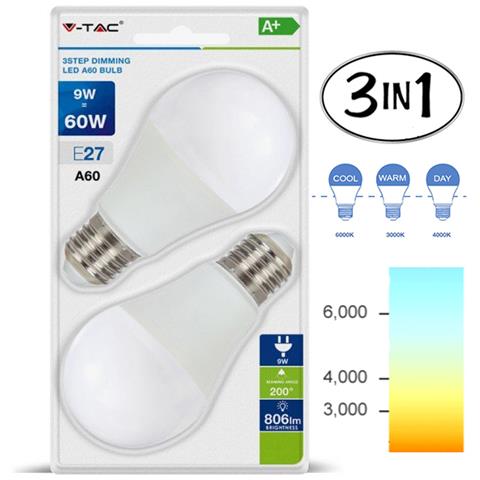 Lampadine Led E27 A60 9w Smd Bulbo 3 Colori In Uno 2 Pz Vt-2149 7309 - Foto 1