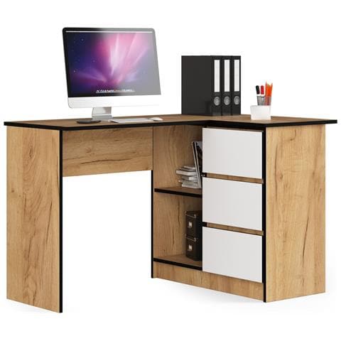 Scrivania ad angolo B16 destro, 3 cassetti, 124x85x77 cm, Colore Quarcia Craft e Bianco - Foto 1
