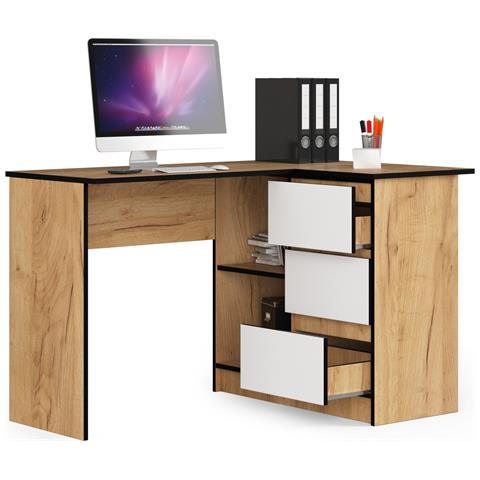 Scrivania ad angolo B16 destro, 3 cassetti, 124x85x77 cm, Colore Quarcia Craft e Bianco - Foto 2